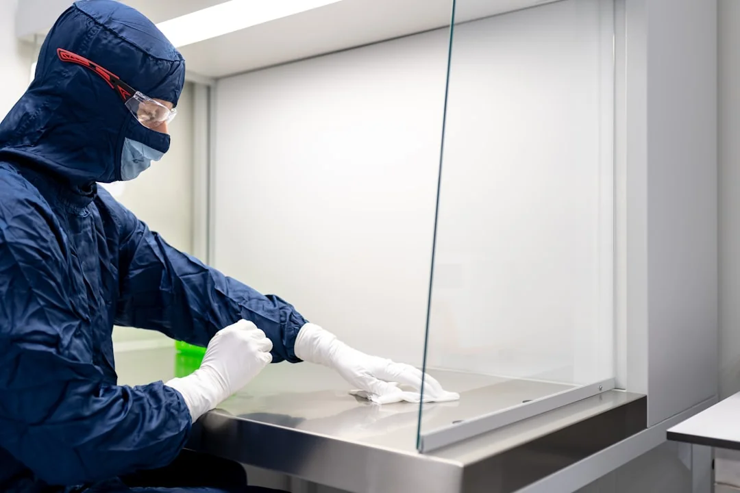 Individual in protective gear cleaning microwave using spray bottle and cloth indoors.